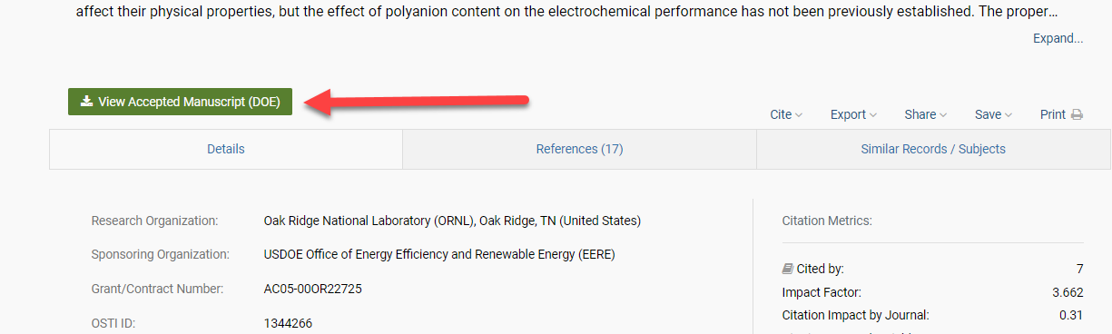 Illustration of the DOE PAGES graphical user interface. A red arrow pointing to the left indicates the greed View Accepted Manuscript button. To the right of the arrow are the Cite, Export, Share, and Save drop-down menus, and a Print button.