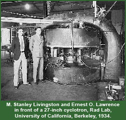 M. Stanley Livingston and Ernest O. Lawrence in front of a 27-inch cyclotron, Rad Lab, University of California, Berkeley, 1934.